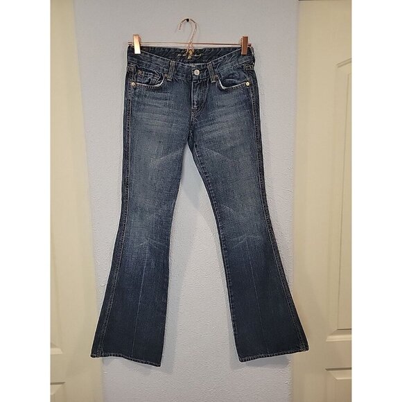 7 For All Mankind Jeans Womens 26 Measures 28x32 Blue Flared Denim Distressed - Picture 1 of 6